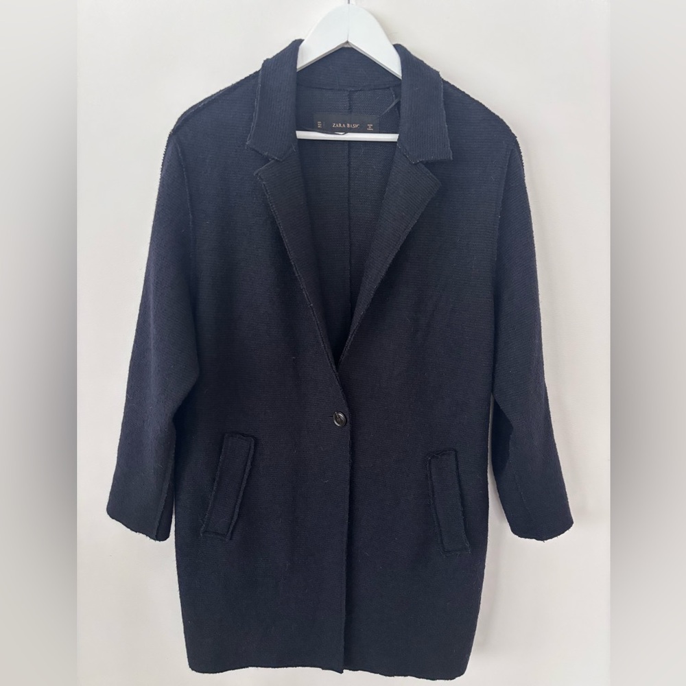Zara single Button Black Wool Blend Coat - Picture 1 of 6